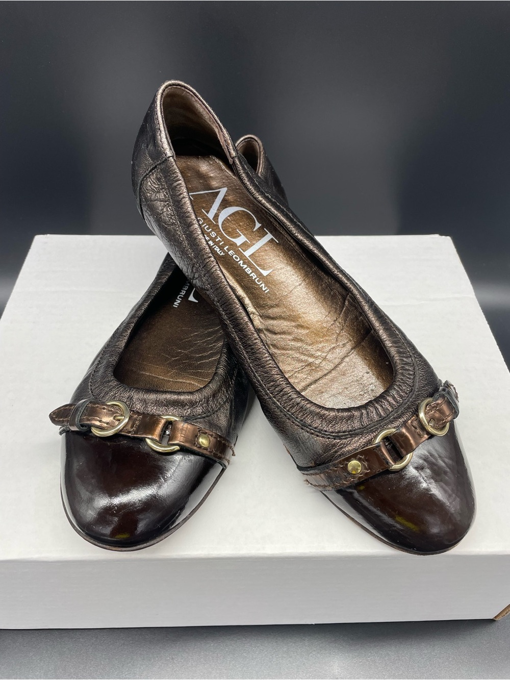 Attilio Giusti Leombruni Metallic Bronze Leather Ballet Flats with Buckle